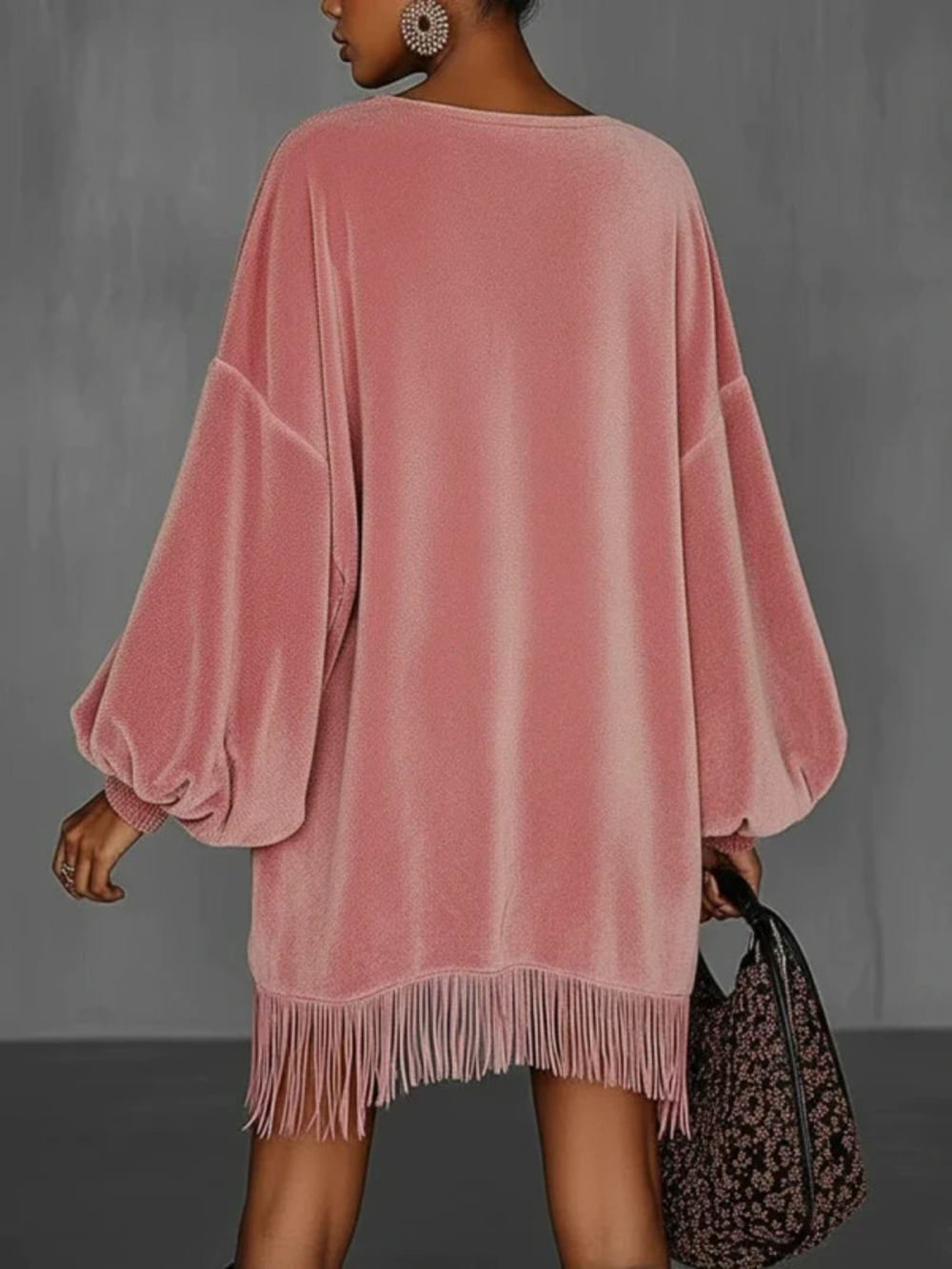 Womens Loose Fit Fringe Long Sleeve Dress with Pockets